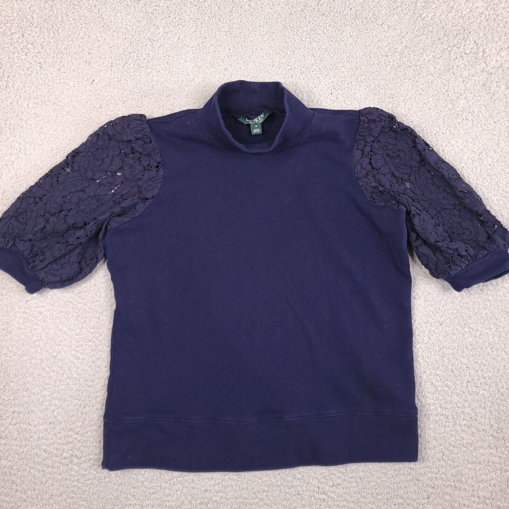 Lauren Ralph Lauren Sweater Womens Medium Navy Blue Short‎ Lace Sleeve Shirt